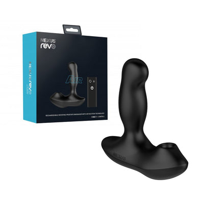 Black Nexus Revo Air rotating prostate massager with suction and remote control next to its blue and black packaging box.
