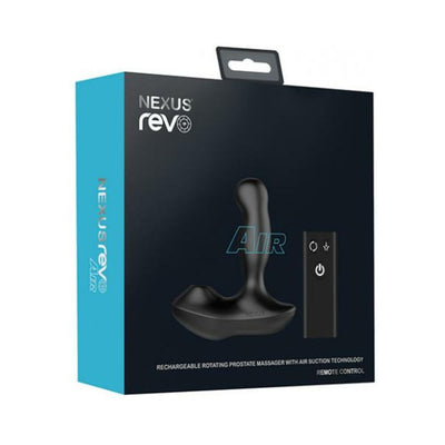 Packaging box of Nexus Revo Air rotating prostate massager with suction technology and remote control in black.