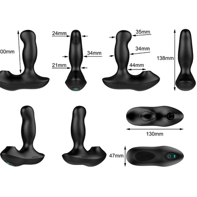 Black Nexus Revo Air rotating prostate massager with suction, shown from multiple angles with detailed measurements.