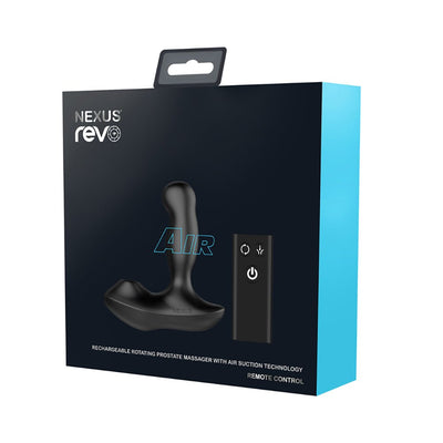 Packaging of Nexus Revo Air rotating prostate massager in black with remote control shown on front