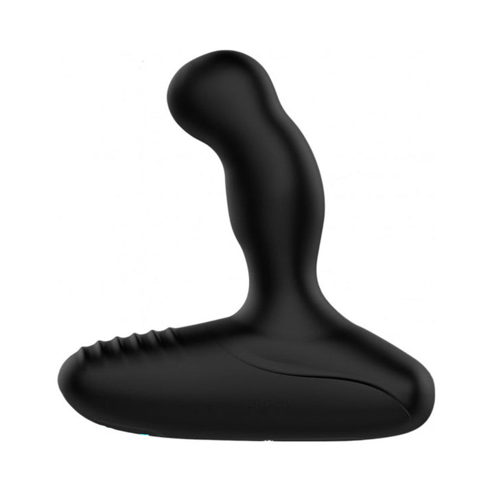 Black ergonomic prostate massager with curved shaft and textured base for targeted stimulation.