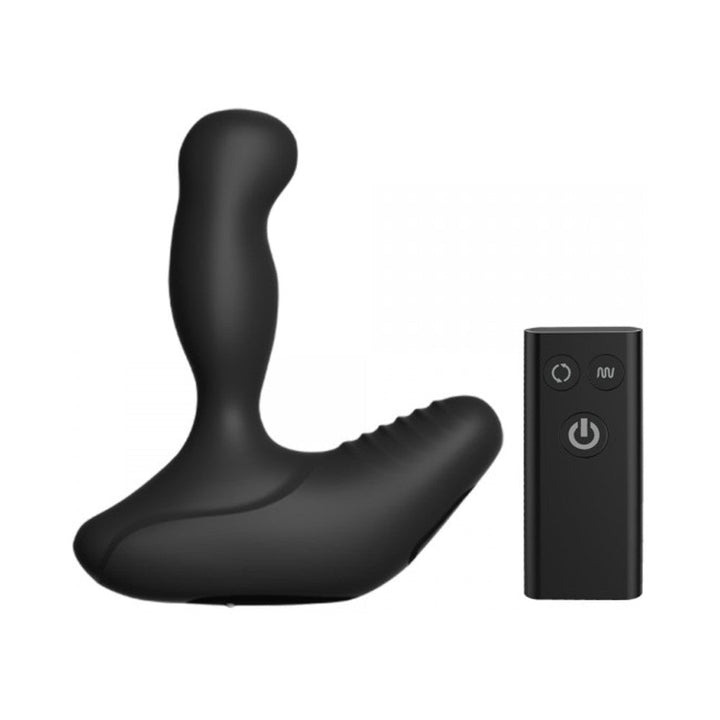 Black Nexus Revo Stealth prostate massager with ergonomic design and matching compact remote control.