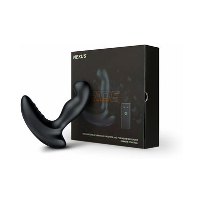 Black Nexus Ride prostate massager with ergonomic curved design displayed next to its sleek black packaging and remote control.