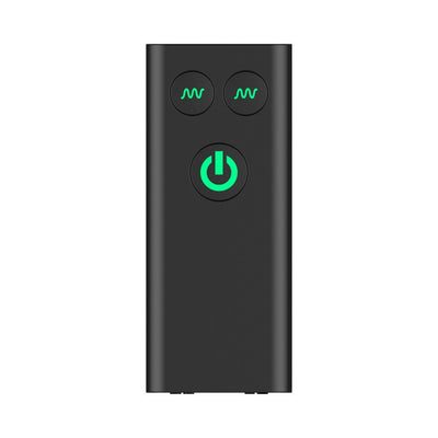 Black remote control with three green illuminated buttons for adjusting vibration settings and power.