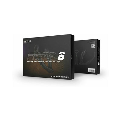Packaging box of Nexus Simul8 Stroker Edition black silicone dual anal and perineum stimulation toy.