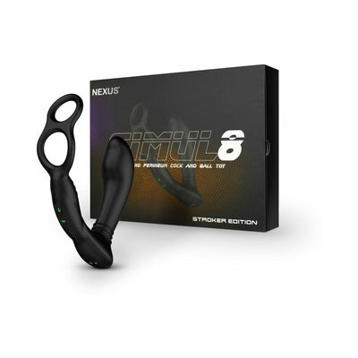 Black Nexus Simul8 Stroker Edition dual anal and perineum stimulator with packaging box on white background.