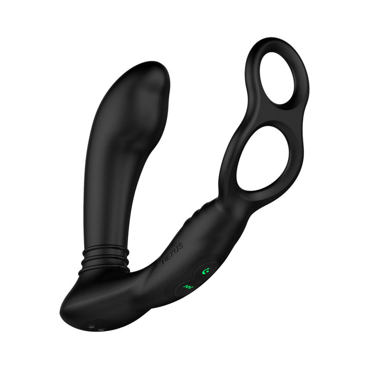 Black silicone dual motor prostate stimulator with integrated cock and ball ring and control buttons.