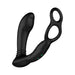 Black silicone dual motor prostate stimulator with integrated cock and ball ring and control buttons.