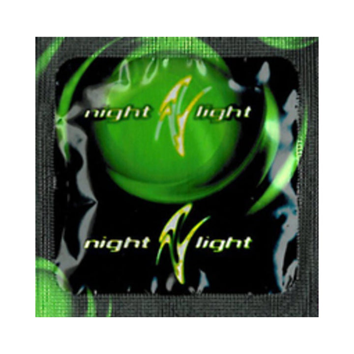 Single Night Light glow-in-the-dark condom in black and green foil packaging with logo text.
