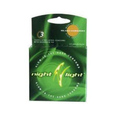 Night Light Glow-in-the-dark condoms 3 pack in green packaging with illuminated design and product details.