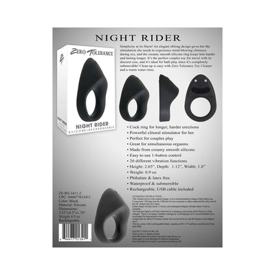 Black silicone vibrating cock ring with oblong design, shown from multiple angles alongside product packaging and feature details.