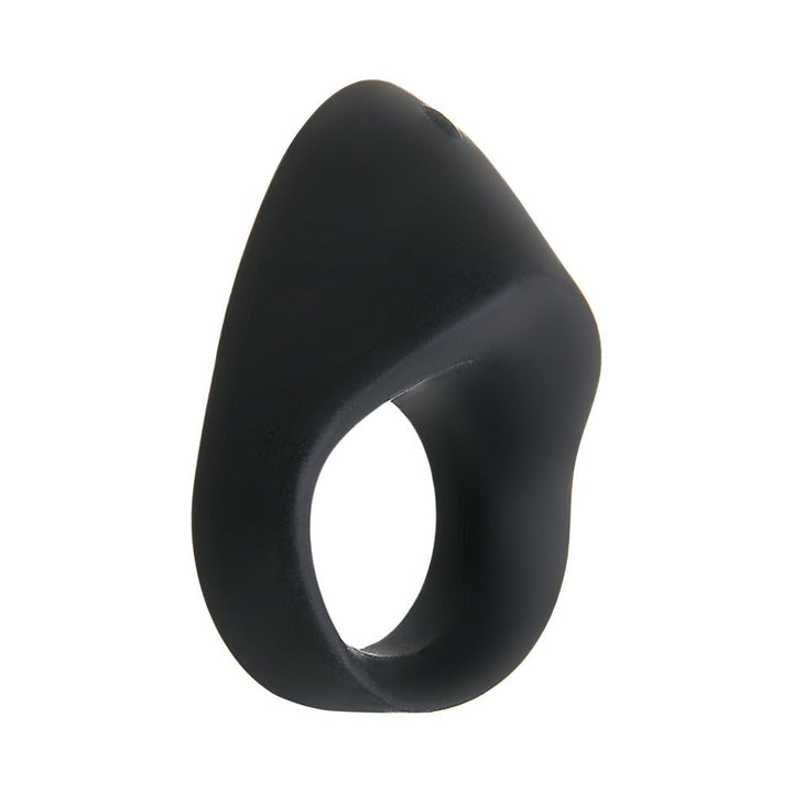 Black silicone vibrating cock ring with an ergonomic oblong shape and smooth finish.