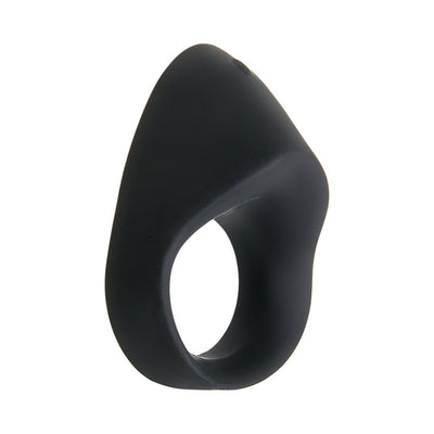Black silicone vibrating cock ring with an ergonomic oblong shape and smooth finish.