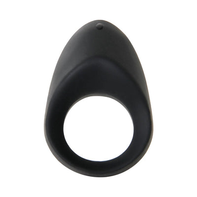 Black silicone vibrating cock ring with an oblong shape and smooth finish, designed for couples' pleasure.