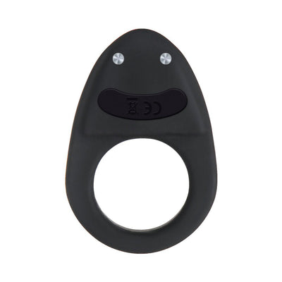 Black silicone vibrating cock ring with oblong shape and two metal contact points on top.