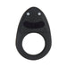 Black silicone vibrating cock ring with oblong shape and two metal contact points on top.