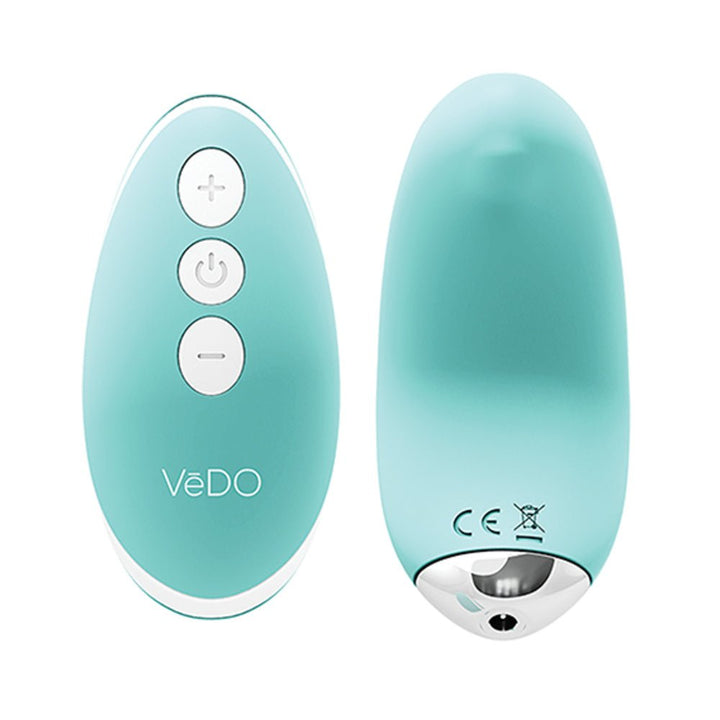 Teal VeDO Niki rechargeable panty vibe with remote control showing front and back views on white background.