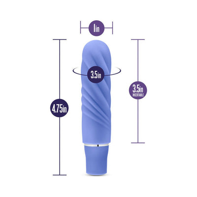Blue silicone mini stimulator with textured swirl design and size measurements displayed.
