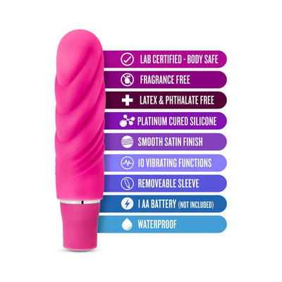 Pink compact vibrator with textured silicone sleeve and icons highlighting body-safe, fragrance-free, waterproof, and 10 vibration modes.