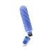 Compact blue silicone mini stimulator with textured spiral design and removable cap showing battery compartment.