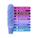 Blue silicone mini stimulator with textured design and key features listed including waterproof, 10 vibration modes, and body-safe materials.