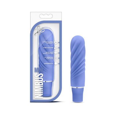 Blush Luxe Nimbus Mini Stimulator in blue with a textured satin finish, shown in packaging and standalone.