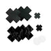 Set of black cross-shaped satin and lace nipple covers in two sizes with protective pads on white background.