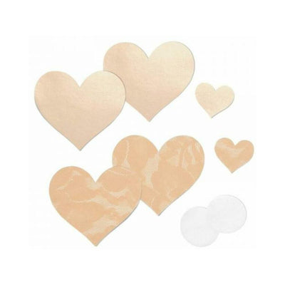Cream heart-shaped nipple covers in lace and satin textures with small white round protective pads.