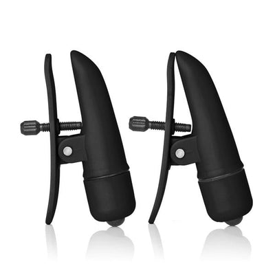 Pair of sleek black adjustable nipple clamps with vibrating motor and satin finish, designed for comfortable sensory play.