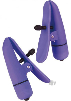 Pair of purple adjustable nipple clamps with smooth satin finish and black screw tension controls.