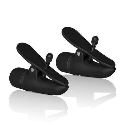 Pair of sleek black adjustable nipple clamps with smooth satin finish and small control buttons on a reflective surface.