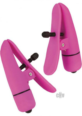 Pair of pink adjustable nipple clamps with wireless vibrating motors and black screw tension controls.