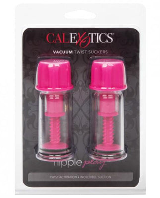 Pair of pink and clear adjustable vacuum nipple suckers in retail packaging by CalExotics.