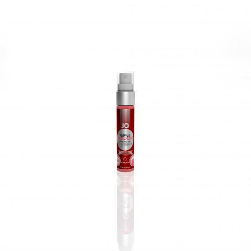 Red 1oz spray bottle of JO Electric Strawberry Nipple Titillator with silver cap and label on white background.