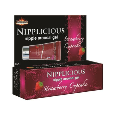 Nippplicious Strawberry Cupcake nipple arousal gel in 1oz tube with decorative pink and black packaging.