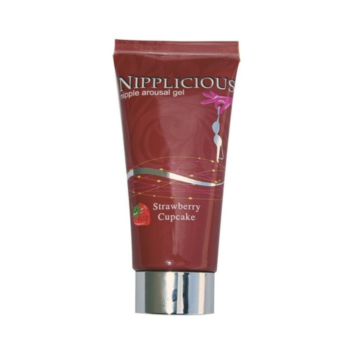 Nipplcious Strawberry Cupcake flavored nipple arousal gel in a 1oz red tube with silver cap