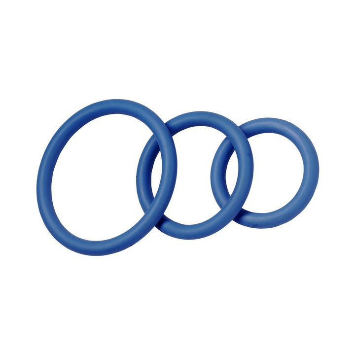 Set of three blue nitrile cock rings in varying sizes on a white background.