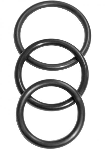 Three black nitrile cock rings in varying sizes arranged vertically on a white background.