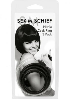 Pack of three black nitrile cock rings in varying sizes with playful retro-style packaging featuring a smiling woman.