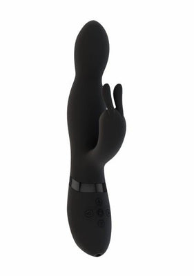 Black silicone Niva Rabbit Vibrator with ergonomic shape and dual stimulation design, featuring control buttons on the handle.