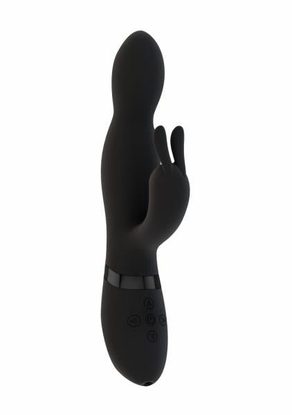 Black silicone Niva Rabbit Vibrator with ergonomic shape and dual stimulation design, featuring control buttons on the handle.