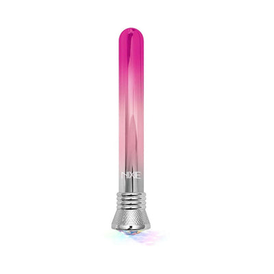 Sleek pink ombre waterproof personal device with metallic base and LED light, 10 vibration settings.