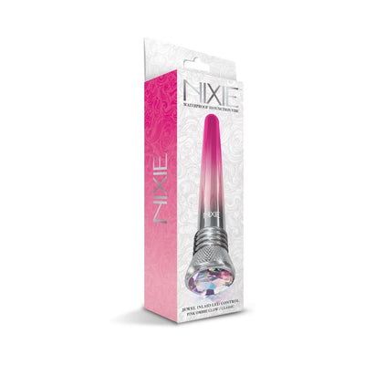 Nixie 10-function waterproof personal device in pink ombre with jewel-inlaid LED control, displayed in branded packaging.