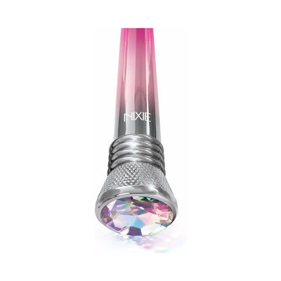 Close-up of Nixie waterproof personal device with pink ombre finish and jewel-inlaid push button base.