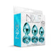 Nixie 3-piece metal butt plug trainer set in blue with jeweled bases, displayed in retail packaging.