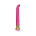 Sleek pink satin G-spot vibrator with curved tip and gold base featuring illuminated LED light.