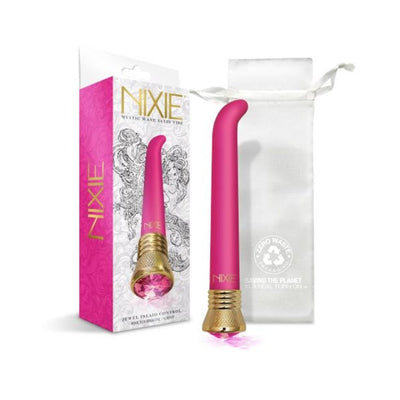Pink satin-finish G-spot vibrator with gold jewel-inlaid base, packaging, and white storage pouch with zero waste logo.
