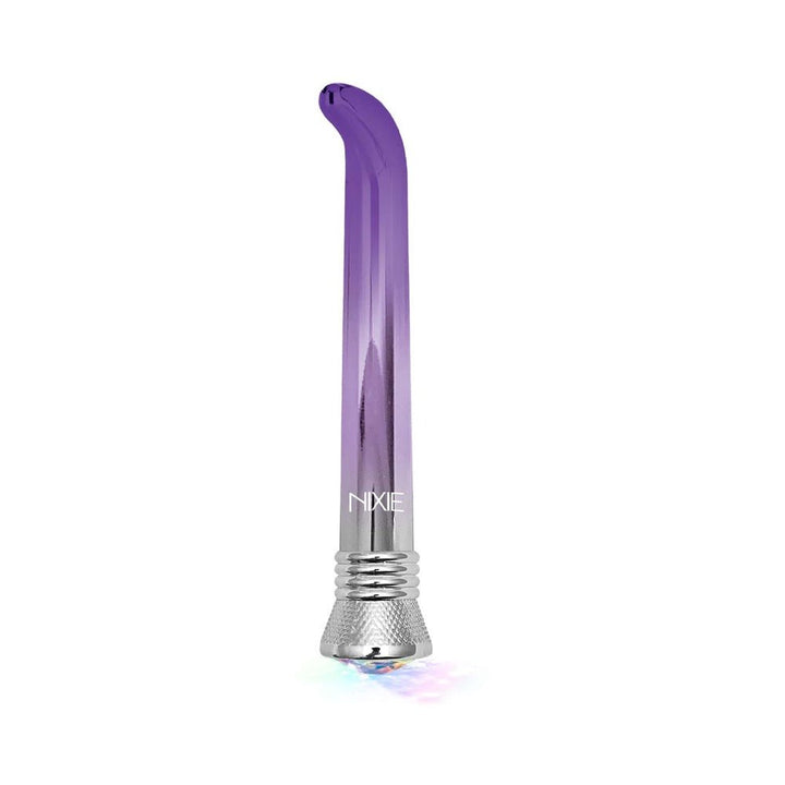 Sleek purple ombre G-spot vibrator with curved tip and metallic base featuring illuminated LED light.