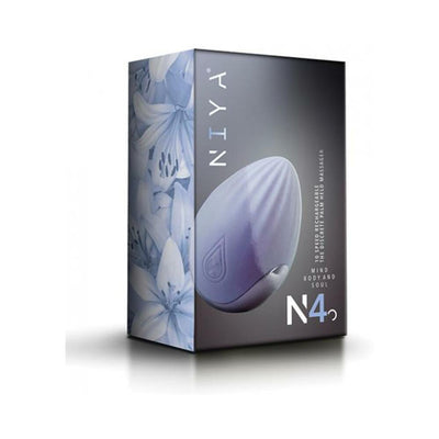 Niya 4 Palm Held Massager in cornflower blue with floral packaging design, rechargeable and discreet.