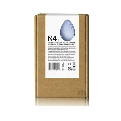 Niya 4 rechargeable silicone palm held massager packaging with product details and barcode on a brown box.